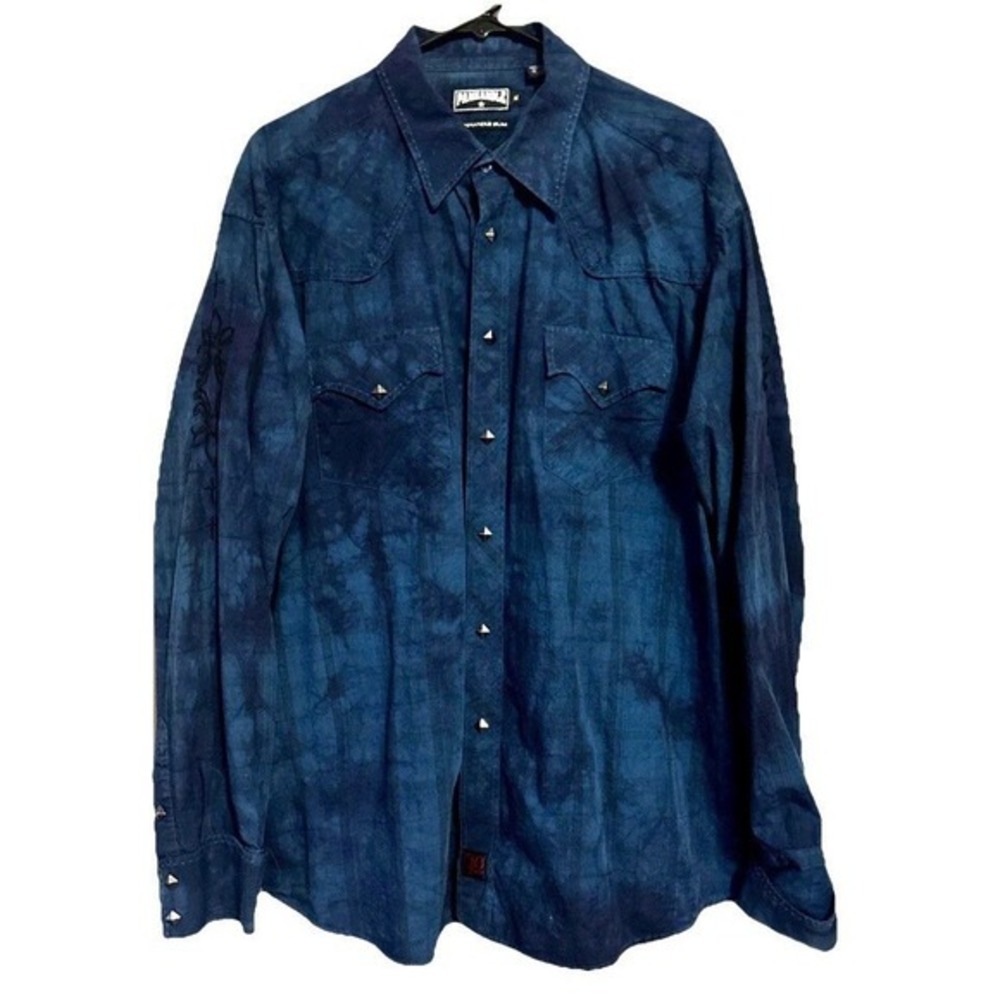 Panhandle Slim Brooks‎ & Dunn Western Shirt L Blue Rockabilly Cuffed Embroidered